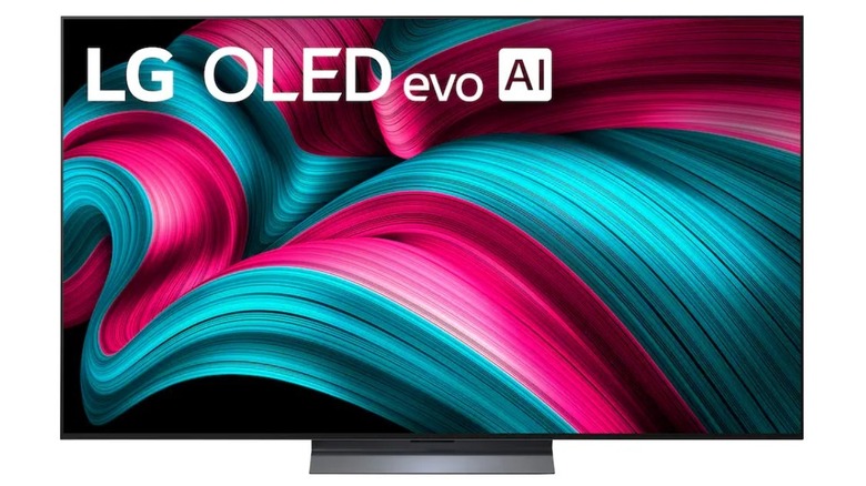 65-inch LG C5 OLED TV displaying a colorful abstract image.