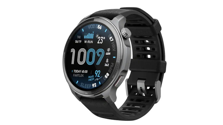 Amazfit Balance 2 XT smartwatch showing fitness and health tracking metrics on the screen.