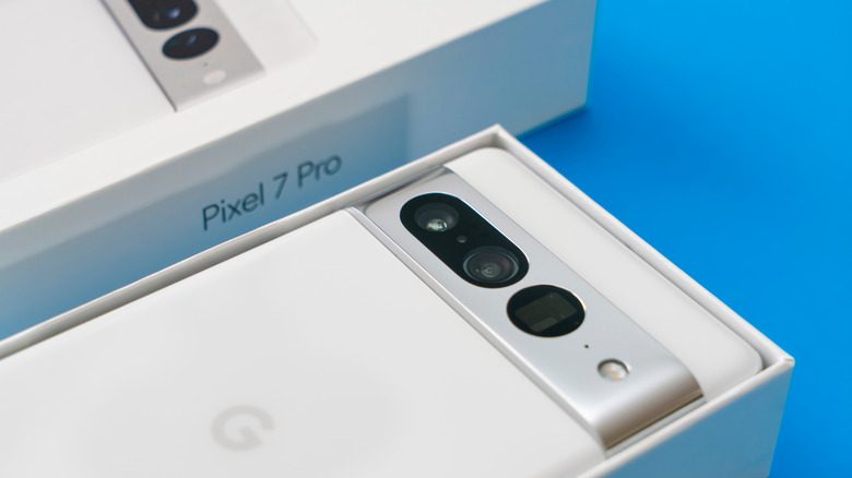 An open box with a Google Pixel 7 Pro inside