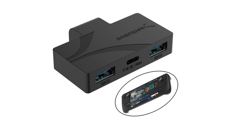 Sabrent USB Hub on white background with Steam Deck circled
