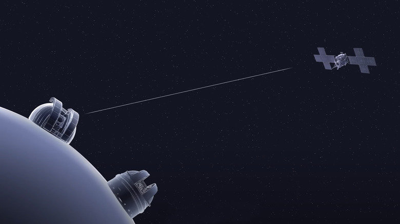 Illustration depicting transmits between NASA's Psyche spacecraft and Earth-based observatories