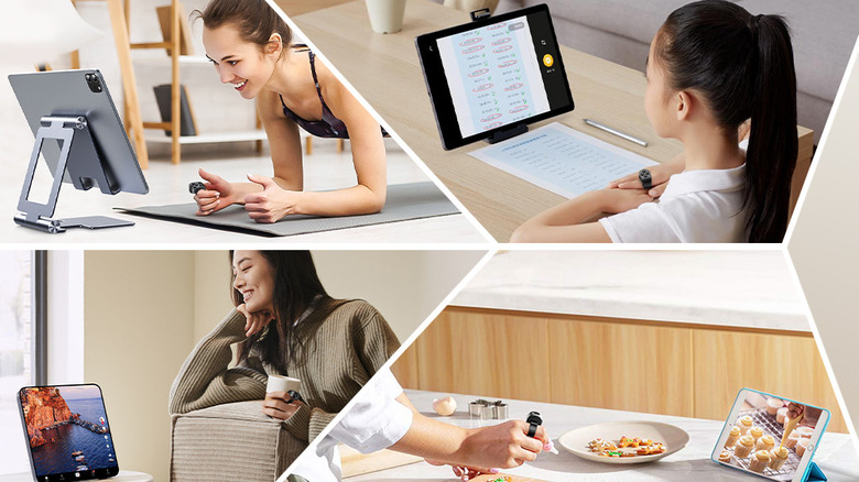 A collage of four people using a ring remote to operate tablets for exercise, studying, watching videos, and cooking