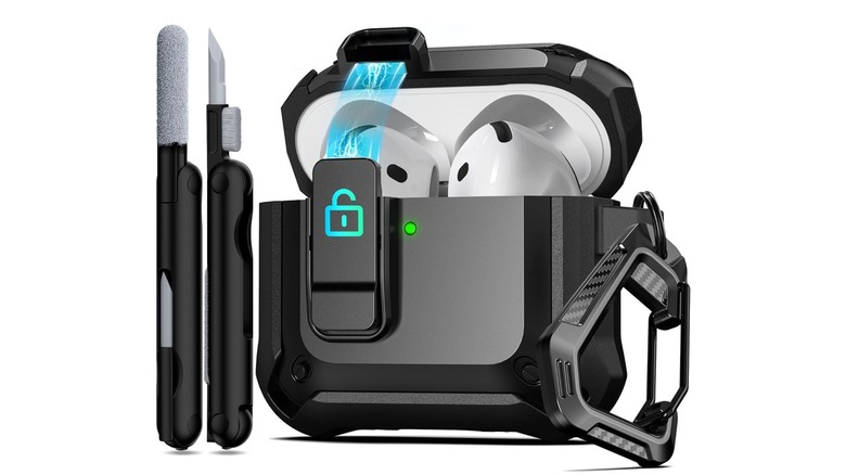 AirPods in a sturdy black case cover with a clip on the side and tools for cleaning tech