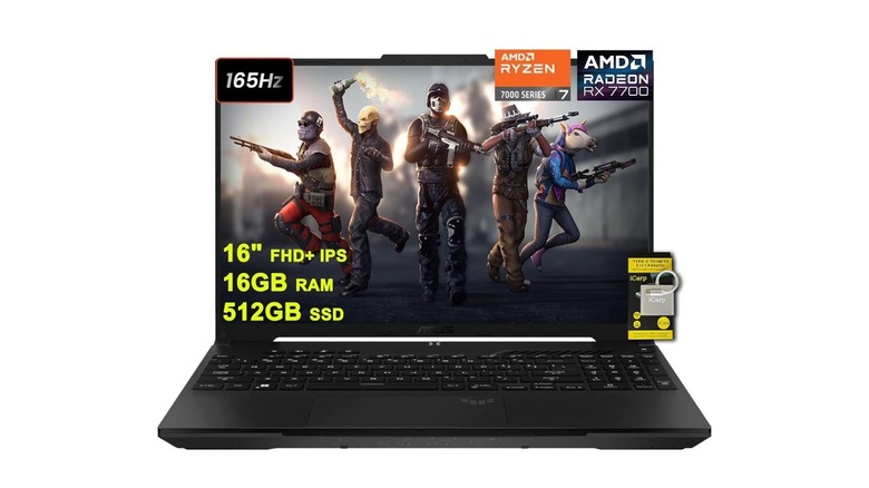 Asus TUF Gaming A16 laptop with a game playing on the screen