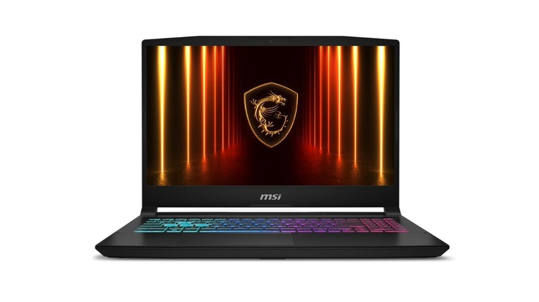 A picture of the MSI Katana 15 HX. The laptop has a three-color RGB gradient on its keyboard