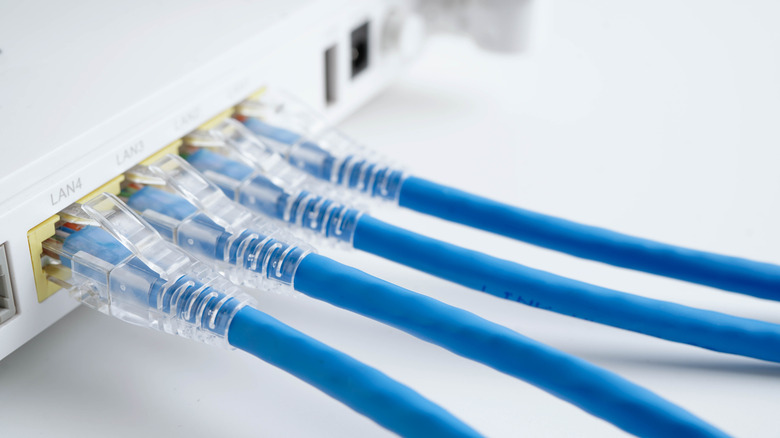Four blue Ethernet cables plugged into a router