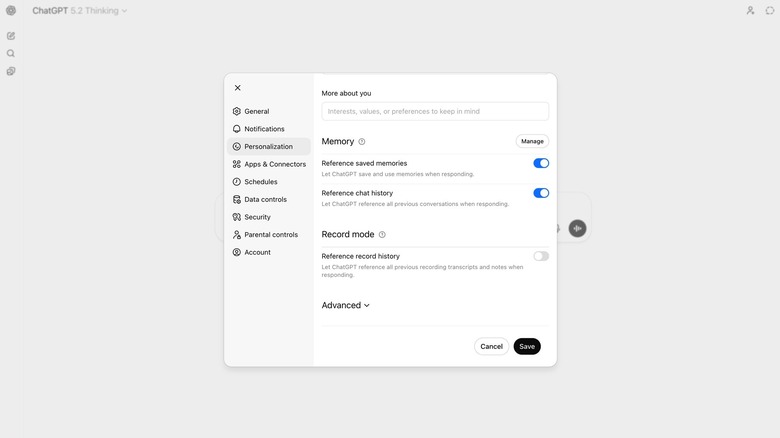 ChatGPT memory settings.