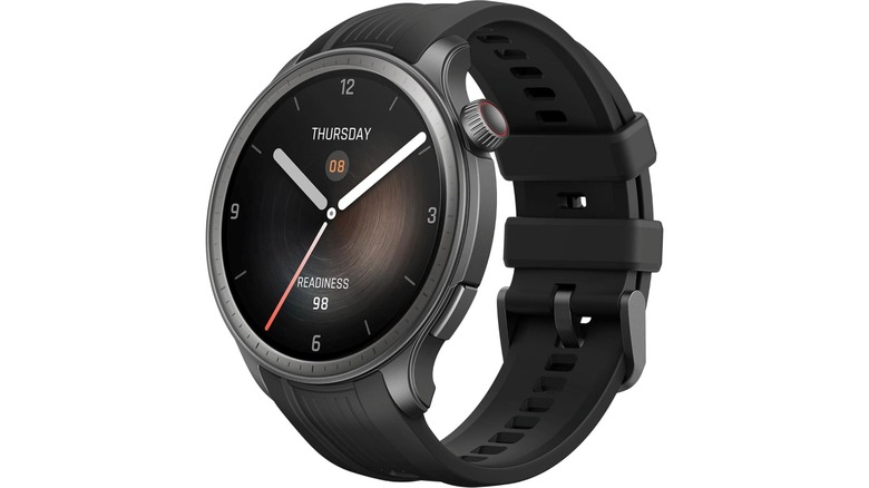 A promotional image from Amazon showcasing the Amazfit Balance Smartwatch, it has a black band