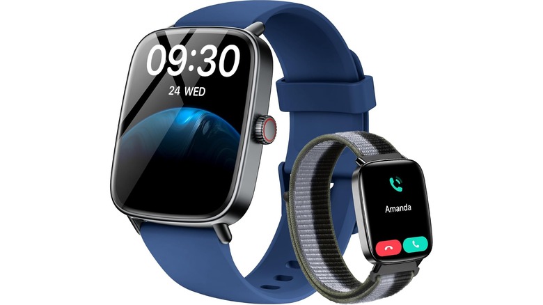 An Amazon promotional photo featuring two Tensky HD Dynamic Dial Smartwatches, each one having a different colored band