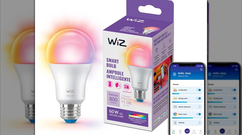 A WiZ LED Smart light bulb and its app.