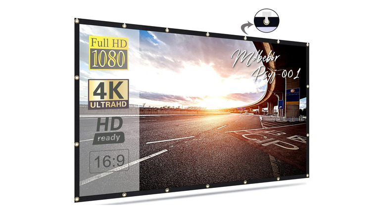 A Mdbebbron projector screen stretched against a white background.