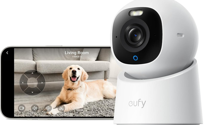 Eufy Security Indoor Camera E30 and the Eufy app showing a dog