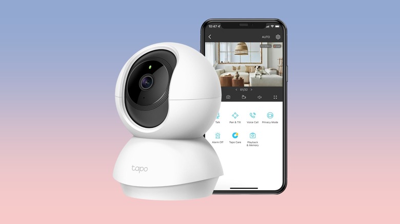 Tapo C210 camera with a smartphone against a gradient background