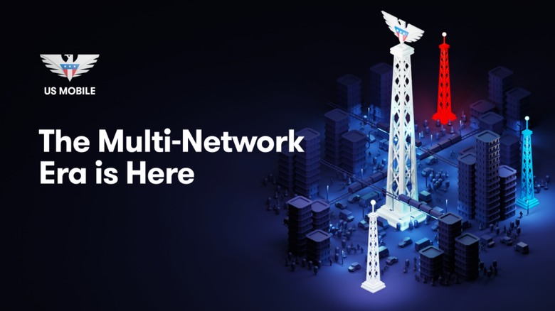 US Mobile logo on a graphic of stylized cell towers in a city with the logo at the top of each tower.