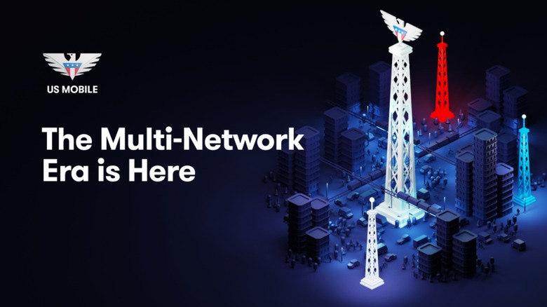 US Mobile graphic with cell towers and the US Mobile logo on the top of one.
