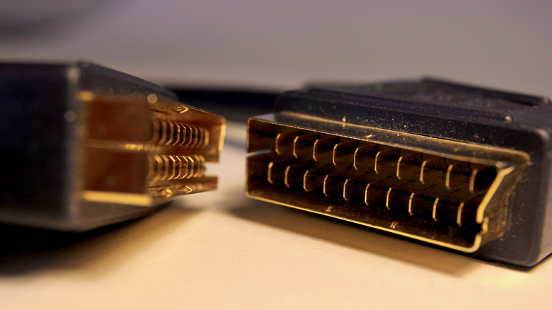 Close up of gold plated SCART cable pins