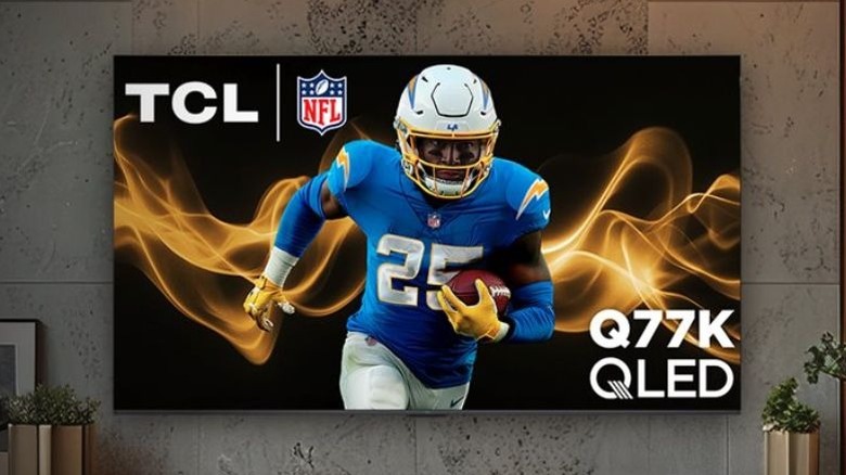 TCL's 55-inch QLED Q77K smart TV hanged on a wall.