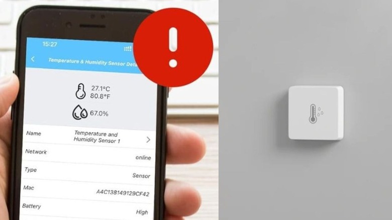 A Thirdreality temperature sensor installed on a wall with a hand holding a phone running the app in the foreground.