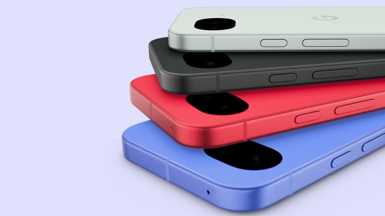 Close-up of Pixel 10a units in different colors on a violet background