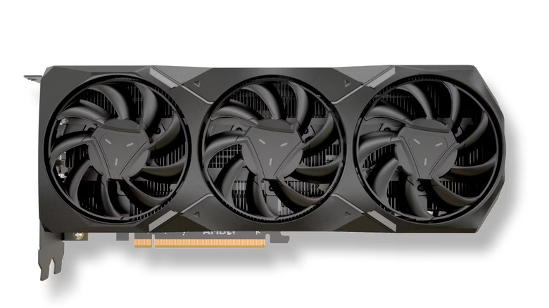 AMD Radeon RX 7900 GRE graphics card with triple-fan cooling on a white background