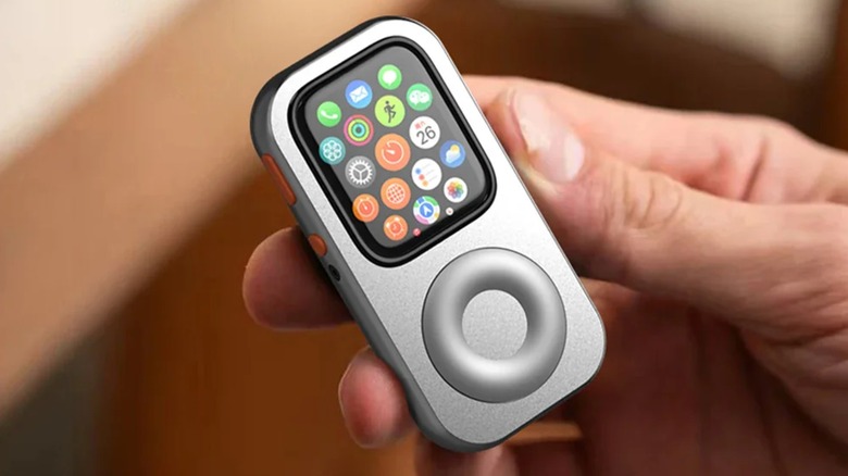 A promotional photo for the RedPod C1 from Beaverlab, the device resembles a class iPod while having an Apple Watch as its screen