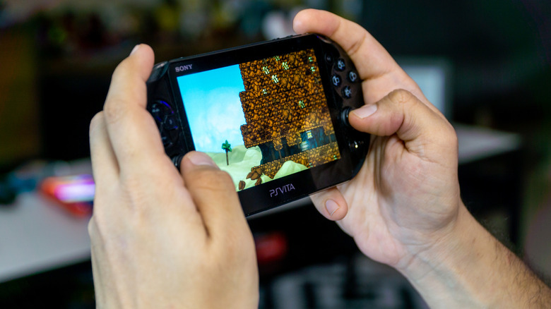 A person holding a PlayStation Vita while playing Spelunky