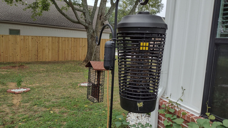 A bug zapper set up in a back yard