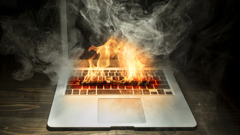A laptop on fire