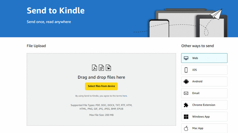 The Send to Kindle browser page that shows a file upload section