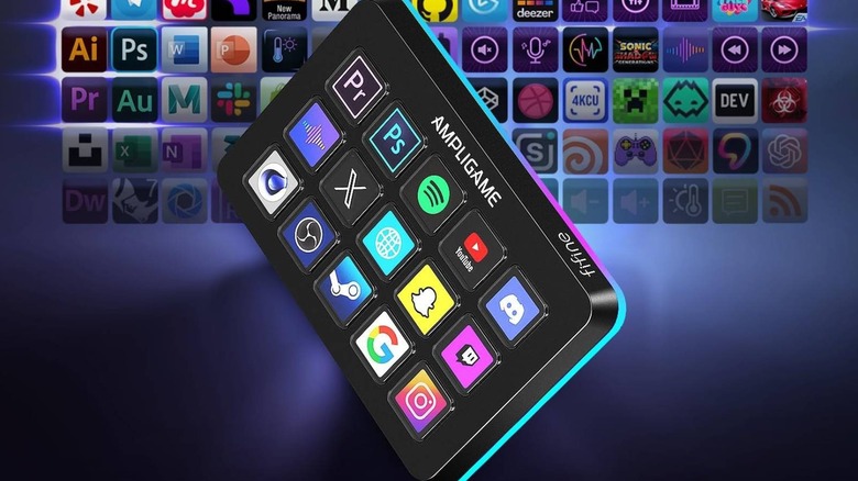 Close-up of Ampligame stream controller, multiple app icons visible in background