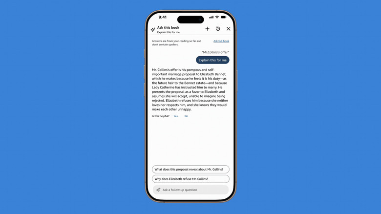 A screenshot showing the Ask this Book feature on the Kindle for iOS app