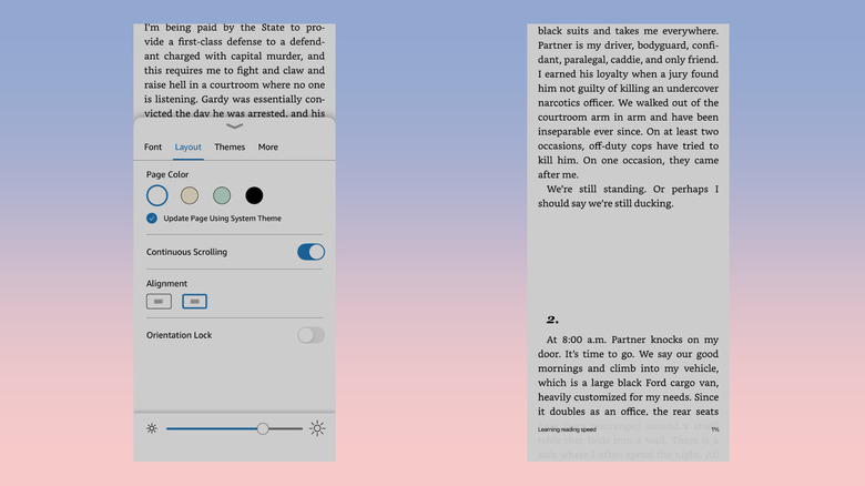 A pair of screenshots showing the Continuous Scrolling feature on Kindle for iOS