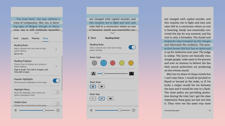 A series of screenshots showing the Reading Ruler feature on Kindle for iOS