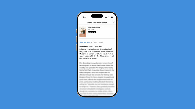 A screenshot showing the Story So Far feature on the Kindle for iOS app