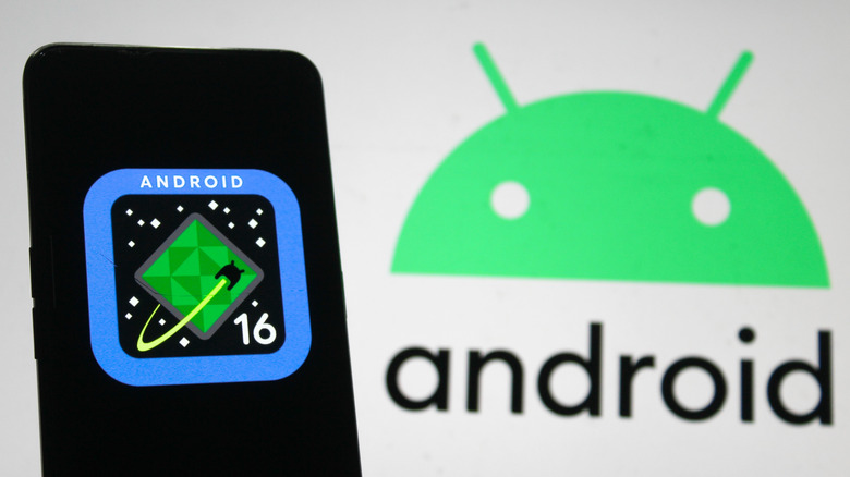 Android 16 logo displayed on a phone