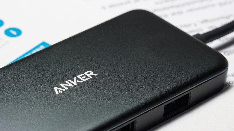 Close-up of the Anker logo on a gadget