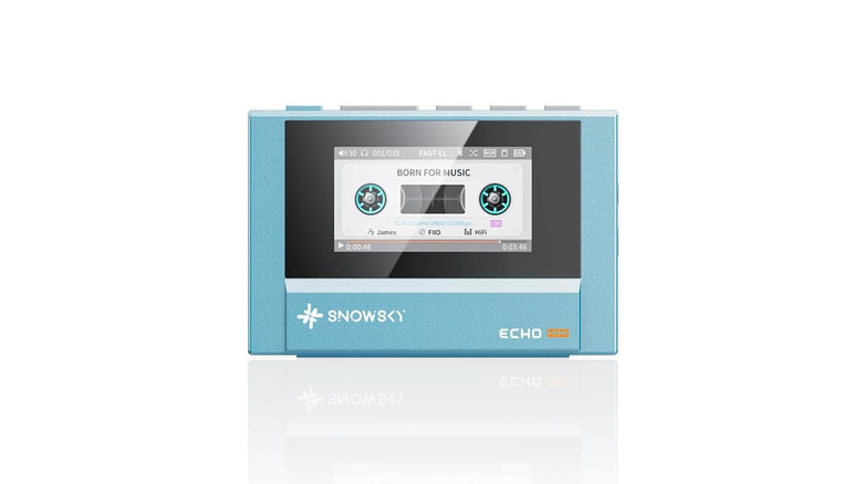 A blue digital audio player in the style of a vintage audio cassette player