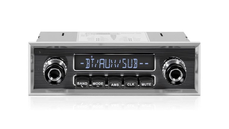 A modern car stereo in the style of a vintage car radio from the 1970s