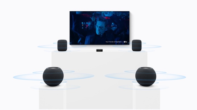 Four HomePods paired with an Apple TV