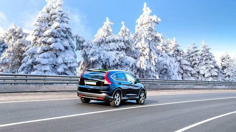 A black SUV driving along a road that's marked with several trees covered in a thick blanket of snow