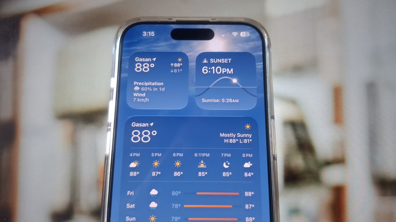 The iPhone Weather app widgets on the phone's Home Screen