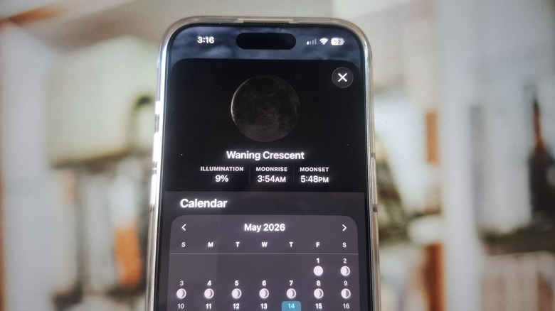 The iPhone Weather app showing the moon phase calendar
