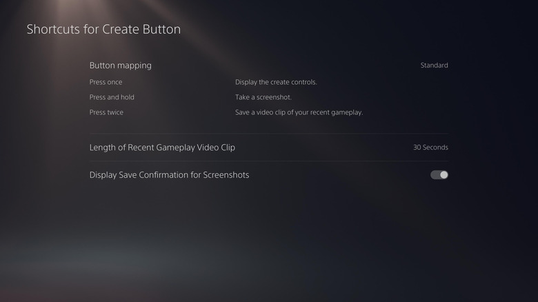 The PS5's Shortcuts for Create Button menu