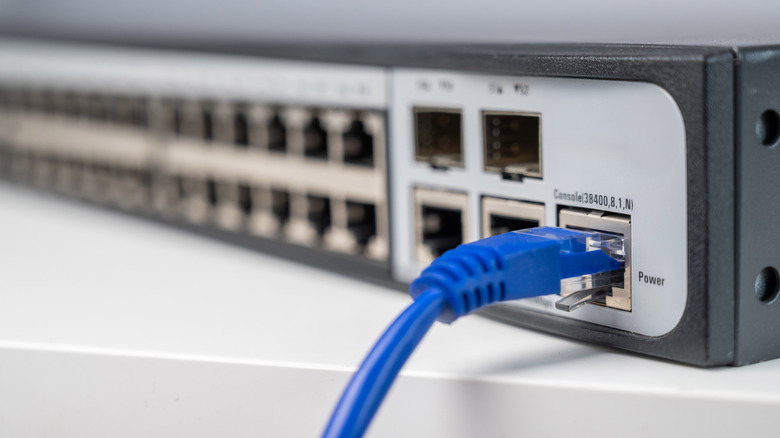 Ethernet cable plugged into an Ethernet port on a network switch