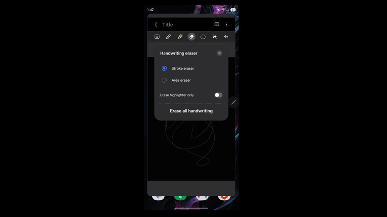 Screenshot of the eraser settings in the Samsung Galaxy Notes app with stylus removed.