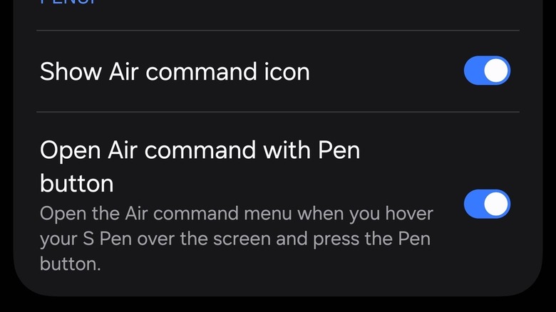 Screenshot of Samsung S Pen settings to open air command with stylus buttons.