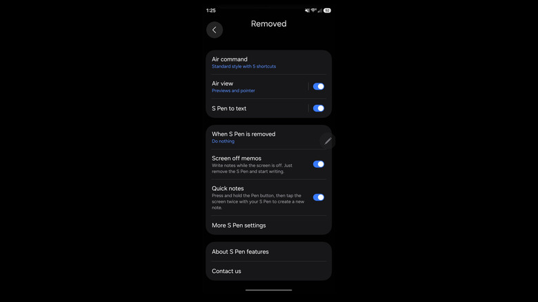 Screenshot of Samsung Galaxy system settings for when S Pen is removed.