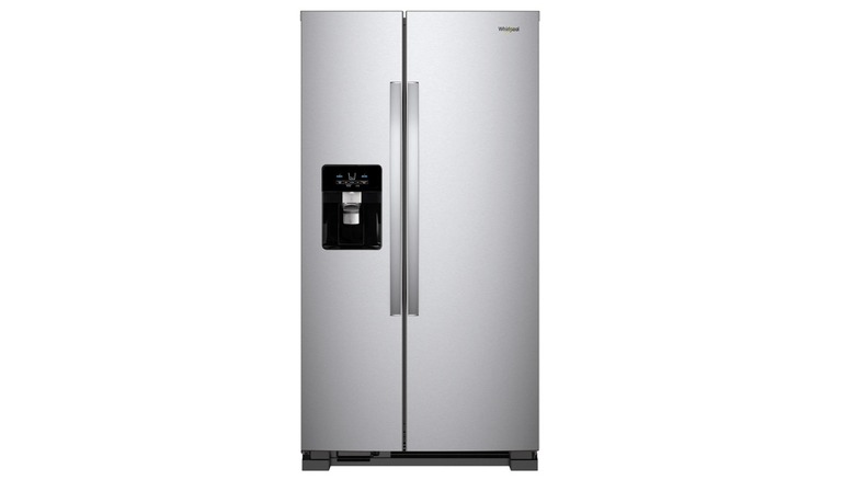 A silver Whirlpool WRS321SDHZ refrigerator on a white background