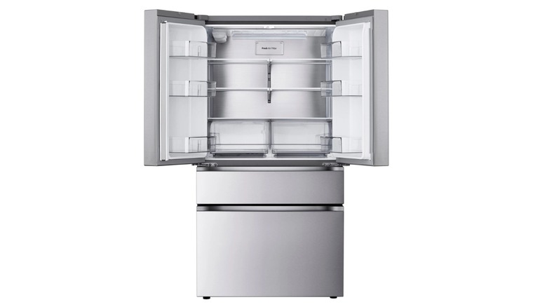 A silver LG LF30S8210S 4-door refrigerator with its top two doors open, set against a white background