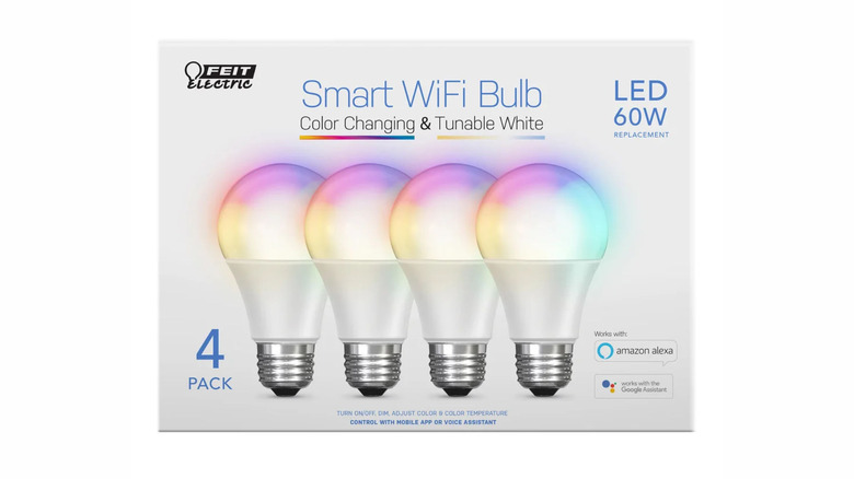 A box of four 60W Feit Electric Wi-Fi smart bulbs